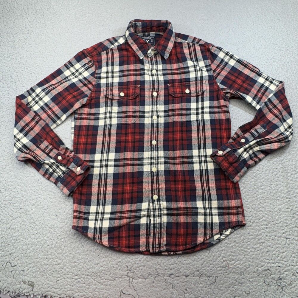 American Eagle Shirt Mens Extra‎ Small Red Navy Plaid Flannel Button Up Cotton